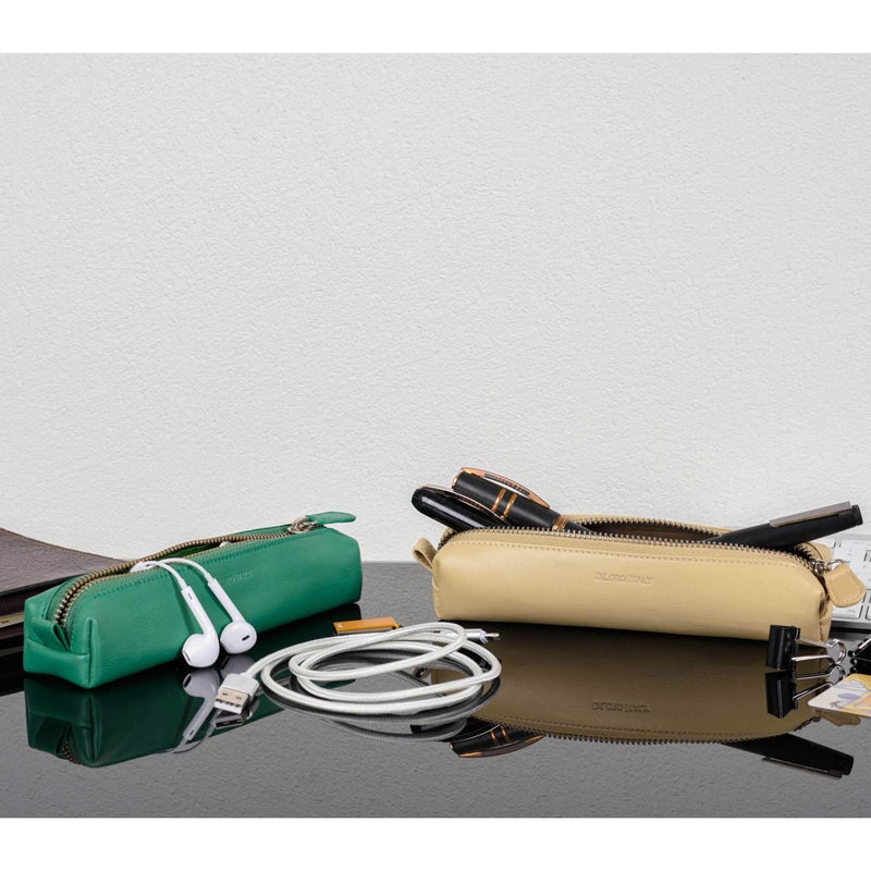DiLoro Leather Zippered Fountain Ballpoint Rollerball Pens and Pencils Case Holder Pouch Genuine Full Grain Soft Nappa Leather (Beige) - Image 4
